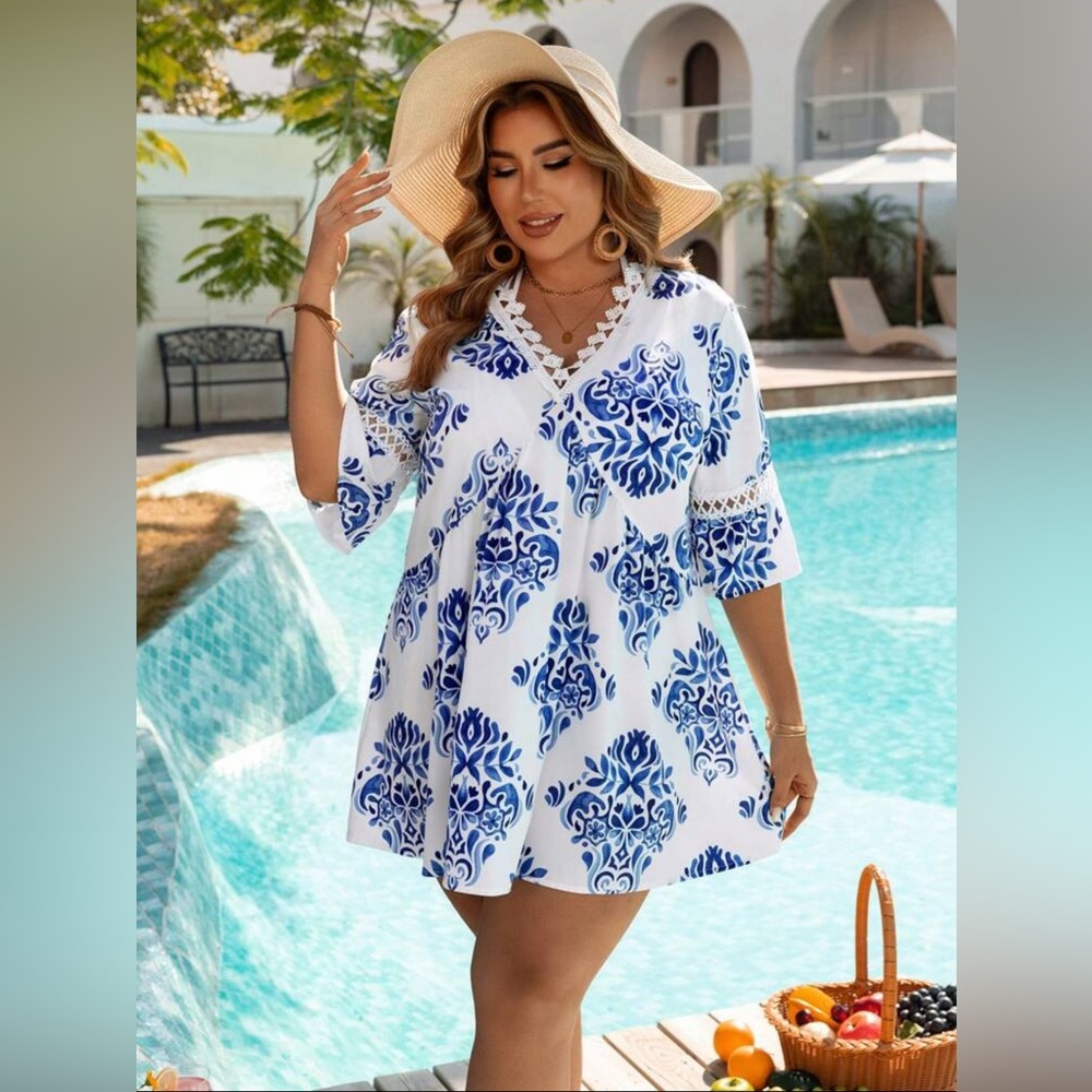 Floral Print Patchwork Lace Trim Beach Cover-Up Dress / Size US12 (0XL)